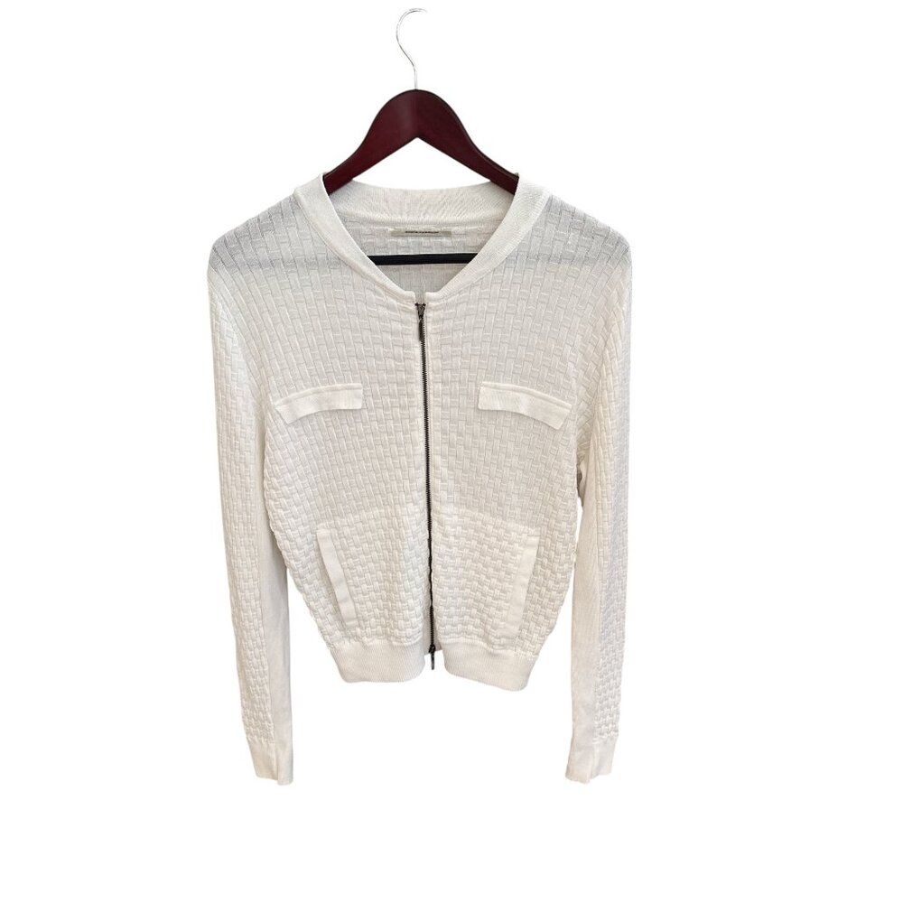 Aldomartins Textured White Zip-Up Knit Bomber Jacket Sweater Size L (US 10)